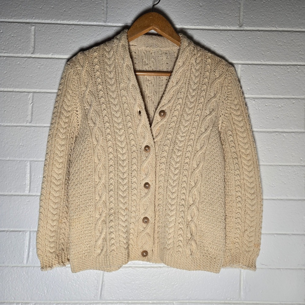 Vtg Cable Knit Cardigan Sweater Large Wool Chunky Wood Button Fisherman Grandpa‎